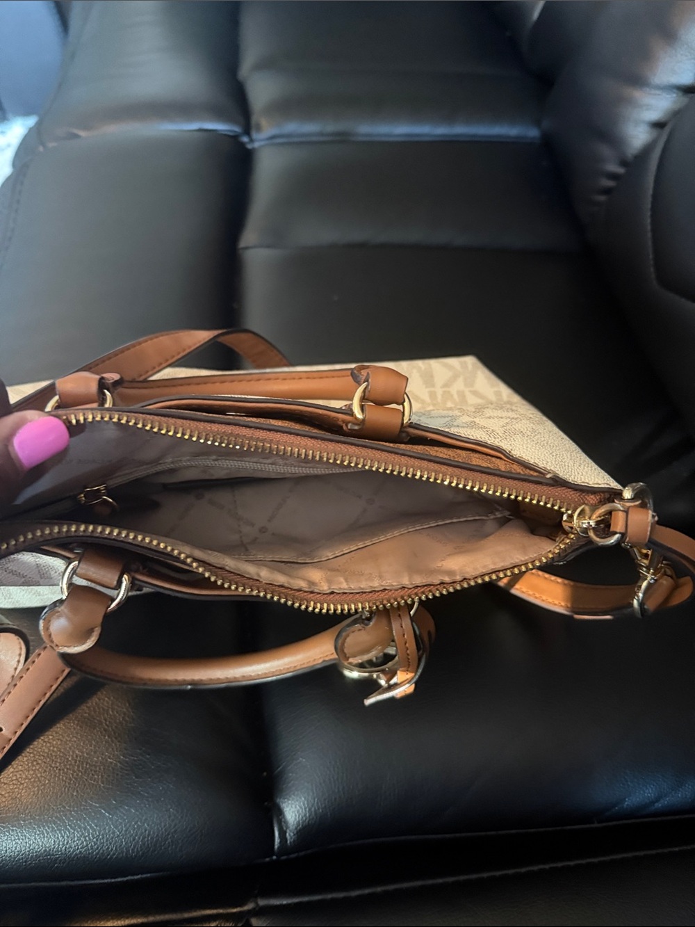 Michael Kors Cream & Brown Signature Logo Satchel with Gold Hardware - Picture 2 of 3
